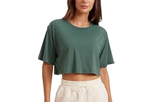 CRZ YOGA Femme Coton Pima Sports T-Shirt Col Rond Hauts Courts de Yoga Running Respirant et Confort À Manches Courtes