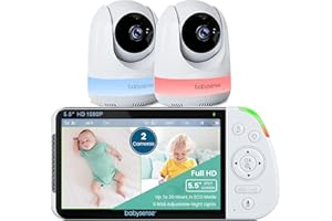 Babysense 5.5” 1080p Full HD Split-Screen Baby Monitor, Video Baby Monitor with Camera and Audio, Two PTZ Cameras, RGB Night Light, 300m Range, Two-Way Audio, 4x Zoom, 5000mAh Battery