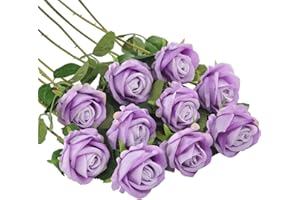 HUSPOX Fake Roses Artificial Flowers with Long Stem for Decoration Bouquet Wedding Floral Arrangement 10pcs (Light Purple)