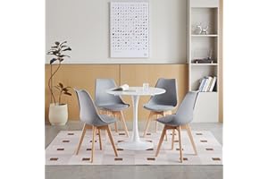 GrandCA HOME Juego de Mesa de Comedor Moderna y 4 Sillas, Mesa de Comedor Redonda MDF Blanco para 2-4 Personas + 4 Sillas de Cocina Negras, para Cocina Comedor Sala de Reuniones