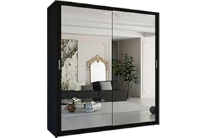 MN FURNITURE Modern Double Sliding Door Wardrobe 2 Mirrored Hanging Rails & Shelves Storage Cabinet for Bedroom (203cm, Houston Black)