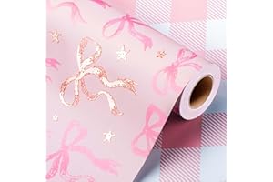 Wikadlik Simpatica carta da regalo, motivo con fiocco rosa e motivo scozzese, reversibile, per San Valentino, festa della mamma, matrimoni, compleanni e Natale, 43 cm x 10 m