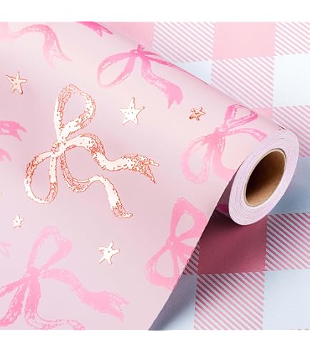 12 Sheets Pink Bow Wrapping Paper, Martini Bowknot Gift Wrap Paper...