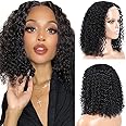 LOVFIR Human Hair Wigs for Women Curly Lace Front Wig Pre Plucked with Ntural Hairline 4x4 150 Percent Density Natural Black Color Glueless 14 inch Wigs, 1.0 count