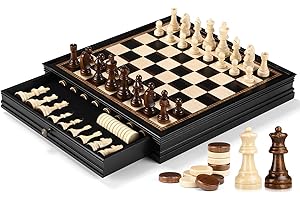 Peradix Jeu d'échecs et de dames 2 en 1 magnétique en bois de 38 cm avec tiroir de rangement et 2 pièces de dame, jouet et cadeau pour enfants (noir)