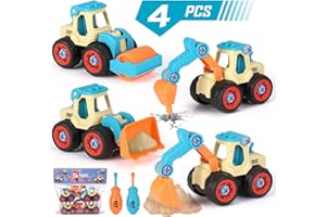 ZWOOS Giocattolo Trattore Giocattolo per Bambini, 4 Pezzi Smontare Camion Giocattoli Montare Giocattoli Escavatore Camion Gru Giocattolo Veicoli da Cantiere, Macchinine Giocattolo per Ragazzo Ragazza