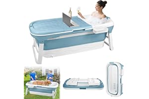 XINZI Vasca da bagno pieghevole per adulti, 148 x 62 x 53 cm, blu, con copertura, rulli massaggianti e cestino per sapone, vasca da bagno mobile, pieghevole, per piccoli bagni e spa
