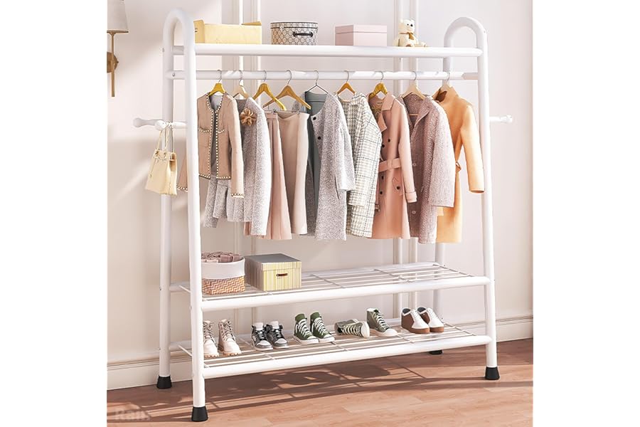 Metal Clothing Rack Garment Rack, 120*42*160cm, Clothes Rack with Hooks and Shoe Storage, Hanging Portable Hanging Rail Holds up to 20 kg, for Cloakrooms, Shops, Dormitories, bedrooms (white)