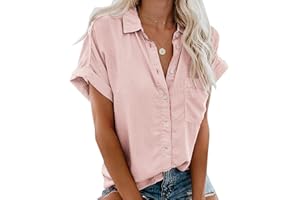 Xnova Camisa Manga Corta de Mujer Básica Blusa Botón Cuello en V Oversized Tops Sólido Essentials Shirt, Cuello con Solapa de Verano Camiseta con Bolsillo