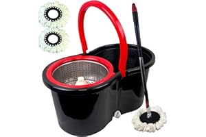 EASY SHOPPING Spin Mop Bucket Set with Spin 360 Wringer and 2 Microfibre Mop Pad Head Telescopic Easy Press Handle with Spin Dry Cleaning Caddy Set-Microfibre Home Cleaning Clean Floor (Black)