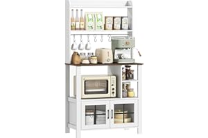 HOMCOM Alacena de Cocina Alta, Mueble Auxiliar de Cocina, con 6 Ganchos para Tazas, 2 Puertas de Vidrio, Estantes Abiertos, Blanco, 80x40x152 cm
