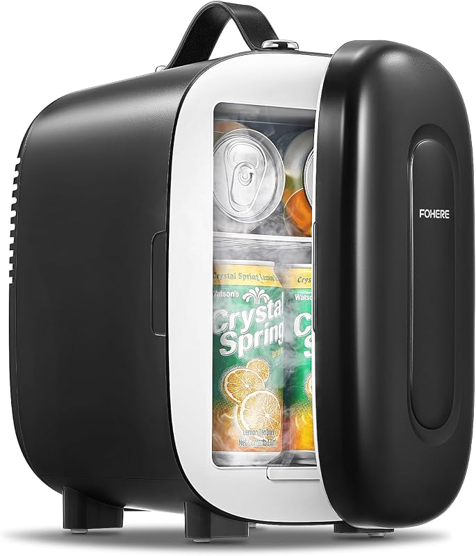 FOHERE Mini Kühlschrank 5 Liter/6 Dosen, Mini-Kühlschranke 220V AC/12V DC, Kühler und Wärmer für Zimmer, Skincare, Büro, Auto, Kleiner Kühlschrank Leise für Kosmetik, Obst oder Getränke, Schwarz
