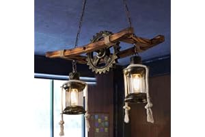 H.W.S Drewniana lampa wisząca w stylu vintage, dąb do jadalni, jadalni, industrialna, metalowa, lampa wisząca w stylu retro, rustykalna lampa do domu, sypialni, salonu (2 głowice)