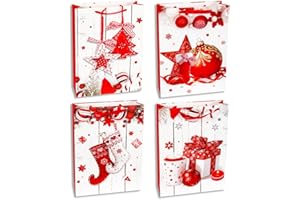 JONAMI Bolsas de Regalo Navideñas Tamaño XL Extra Grande - 4 Piezas - con 4 Diseños de Navidad, Papel de Regalo y Adornos de Fiesta (42x30x12cm)
