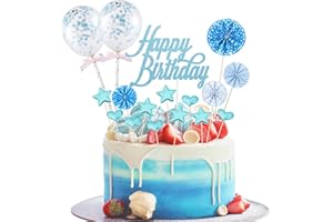 BILLYBATH 17 sztuk dekoracji tortu urodzinowego, dekoracja tortu Happy Birthday, dekoracja tortu w kolorze niebieskim, brokatowa nakładka na tort Happy Birthday, topper na babeczki z gwiazdami, balony z