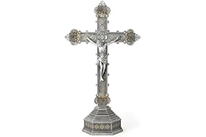 BC BUILDCLASSIC BC Catholic Crucifix Standing Cross for Altar, Silver Crucifix Tabletop Decor for Elegant Modern Home, Religious Gift, 14.7" H Handmade Renaissance Sculpture by Buildclassic