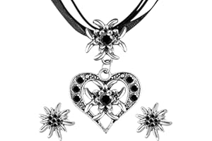 GUTERTOP 3 Stück Oktoberfest Dirndl Accessoires Damen, Schwarz Trachtenkette Damen, Trachtenschmuck Damen Set mit Strass Edelweiß Herz Anhänger und Edelweiß Ohrstecker
