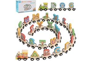 Achiyway 28Pcs Trenino Giocattoli Educativi Montessori in Legno per 3 4 5 Bambini,con 2 Locomotive e 26 Lettere Dello Scarabeo per Parole e Animale Figura Cognizione(Alfabeto Inglese, Non Italiano)