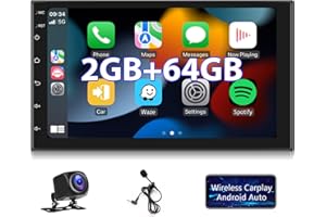 HODOZZY Radio samochodowe z systemem Android 2G + 64G Wireless Carplay Android Auto podwójne radio DIN, z nawigacją, ekran dotykowy 7 cali, nawigacja GPS, Bluetooth, WiFi, FM, RDS, odbiornik multimedialny,