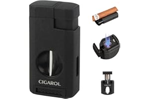 CIGAROL Mechero, Mechero Puros con Corta Puros en V, Encendedor Cocina de Triple Llama, Regalos para Hombres, No Contiene Gas (Negro)