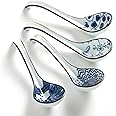 Hoilse Asian Soup Spoon Set of 4,Ceramic Japanese Ramen Spoons, Long Handle Perfect Depth for Dumpling, Pho, Noodles, Miso, Wonton, Dishwasher Safe