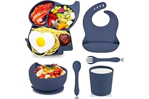 Hoseay Assiette Bébé Set avec Ventouse Assiette Bol Cuillere Fourchette Bavoir Tasse 6 Pièces Silicone Sans BPA Enfant Vaisselle Garcon Fille Coffret Repas Bebe Sécurité Lave Vaisselle Micro Onde,Bleu