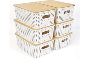 UHAPEER 6Pcs Storage White Plastic Bins with Bamboo lids,Lidded Storage Bins,Stackable Storage Boxes Weaving Wicker Storage Basket Box Containers with Lid and Handle for Kitchen Bathroom25.6x18x10.7cm