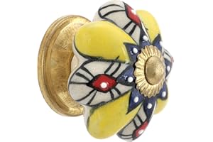 Rasiya Art Yellow Boho Drawer Ceramic Knobs - Countryside Dresser Pull Handle Kitchen Cabinets Cupboard Wardrobe Knob Farmhouse Decor Furniture Hardware - Yellow Floral - Pack of 4