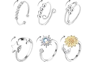 UIRHEURD Anti Stress Ring Silber Anxiety Ring 6 Pcs Frauen Ringe Damen Verstellbar Fidget Ring, Angst Ring mit Beweglichen Perlen Calm Ring Spinning Ring Angstring Schmuck Geschenke für Herren und Damen