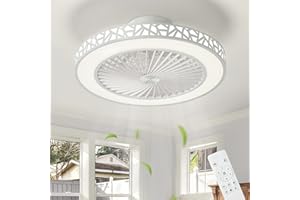 IZOWE Ceiling Fans with Lights and Remote 48cm Modern White Iron Low Profile Reversible Bladeless 6 Speeds Quiet Ceiling Fans with Lamps Dimmable LED Flush Mount Ceiling Fan Light Timer for Bedroom, Kitchen