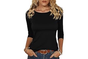 Totatuit Damen T-Shirt 3/4 Arm Shirt Bateau-Ausschnitt Leichte Oberteil Einfarbig Basic Tee Tops Stretch Elegantes Top