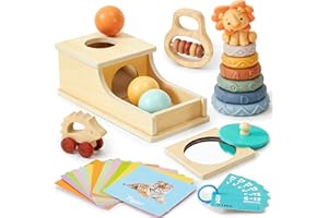 Atoylink Giochi Neonato 6 9 12 Mesi Giochi Legno Montessori con Object Permanence Box & Cubi Impilabili Bambini & Sonaglio Neonato & Flashcards, Giocattoli Giochi Sensoriali per Neonati
