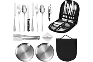 TFSZE Zestaw naczyń kempingowych dla 2 osób, 13-częściowy, przenośne, pogrubione, ze stali nierdzewnej, na kemping, piknik (srebrne)