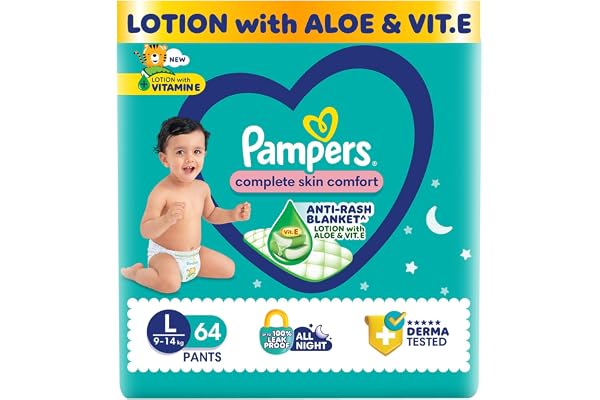 Pampers Complete Skin Comfort Pants, Anti-rash blanket, Lotion with Vitamin E & Aloe Vera, Large (L), 64 Count, 9-14kg