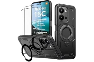 KANSi Etui do Xiaomi Redmi 15C / Poco C85 ze szkłem hartowanym*2, Odporne na wstrząsy Wytrzymały pokrowiec ochronny z obrotowym stojakiem pierścieniowym - czarna warstwa