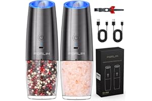 FORLIM Electric Salt and Pepper Grinder Set, USB Rechargeable, 6 oz Capacity, One-Handed Operation, Adjustable Coarseness, Gravity Automatic Grinding, Stainless Steel, 2 Pack (Metallic Gunmetal)