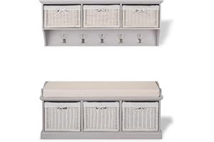 STATEMENT FURNITURE Tetbury Hallway Bench and Hanging Shelf Set | White Wicker Baskets, Cushion Seat, Tarnished Silver Coat Hooks | Storage Furniture in White, Dove Grey, Truffle, Sage Green. FULLY ASSEMBLED (truffle)