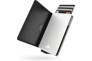 Stealth Wallet Porte Carte Bancaire RFID pour Homme - Porte-Cartes De Crédit avec Mécanisme Pop Up et Boîte Cadeau - Portefeuilles de Crédit Aluminium Minces (Aluminium Argent, Cuir Noir)