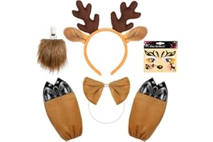 HIFOT 5PCS Accesorios de Disfraz Reno, Diadema Reno con Orejas Tatuajes Ciervo Pajarita Guantes de Pata y Cola, Disfraz de Reno Disfraz Animal Adultos Niños para Halloween Carnaval Navidad Fiesta Cosplay