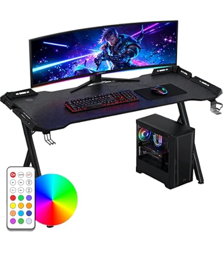 FIVMEN Gamingtafel, gamingbureau met led, 140 x 60 cm, computertafel met koolstofvezeloppervlak, bureautafel, pc-tafel met hoofdtelefoonhaak en bekerhouder, zwart FIVMEN Gamingtafel, gamingbureau met led, 140 x 60 cm, computertafel met koolstofvezeloppervlak, bureautafel, pc-tafel met hoofdtelefoonhaak en bekerhouder, zwart