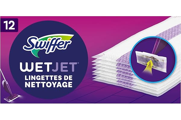 Swiffer WetJet 12 Recharges Jetables Nettoyantes Multi-Surfaces, Retient la Poussière et Saleté, Pour Tous Types de Sol, Sans Traces ni Résidus