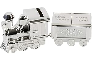 WIDDLE CELEBRATIONS Silver Plated Train Money Box & 1st Tooth / 1st Curl Boxes - New Baby 8189