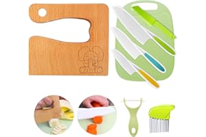 Goodchef Lot de 8 couteaux de cuisine, pour couper et cuisiner des fruits ou des légumes, sécurité, en bois, planche à découper, éplucheur, couteau, pour enfants à partir de 2 ans (éléphant)