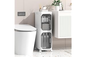 Enjinkail Slim Bathroom Cabinet, Freestanding Plastic Storage Unit with Door, Waterproof Small Trolley with Wheels for Office, Living Room, Kitchen, Entryway (21W*67H*34D, 2 tier)