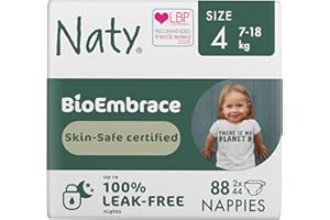 ECO BY NATY Naty BioEmbrace Baby Nappies | Sensitive Skin Safe Certified | Leak Protection up to 100% | Plant-Based Softness, Premium Comfort | Chlorine-Free |Size 4 (7–18kg), 88 Count