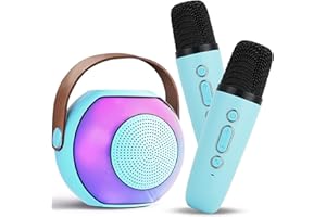 Aplsinvivi Mini Karaoke Machine, Portable Bluetooth Speaker with 2 Wireless Microphone, Microphone with 5 Voice Changing Effects & LED Light, Gifts for Girls Ages 4-12 +Year Old Birthday Party, Blue