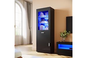 ELEGANT Black Gloss Sideboards Cupboard Tall Display Cabinet Unit with LED Lights, Drawer & Shelves Bookcase Furniture for Living Room Bedroom, H165xW60xD35cm