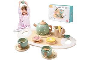 CKBUITY Wooden Tea Set For Toddlers, Kids Childrens Tea Set Toys, Tea Party Set For Children, Pretend Play Kitchen Toys For Boys or Girls 3 4 5 Year Old, Role Play Toys Gift for Birthday Christmas Easter