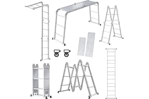 YRHome Échelle multifonction 6 en 1 en aluminium - Échelle articulée - 340 cm - Échelle combinée avec plateforme - Charge maximale : 150 kg - 4 x 3 marches - Argenté