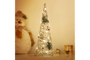Roylvan Tabletop Cone Tree Light for Christmas, 15.8" Mini Artificial Desktop Warm Lighted Decorative Tree with Red Berry Ornaments for Home Restaurant Xmas Holiday Decor, Coffee